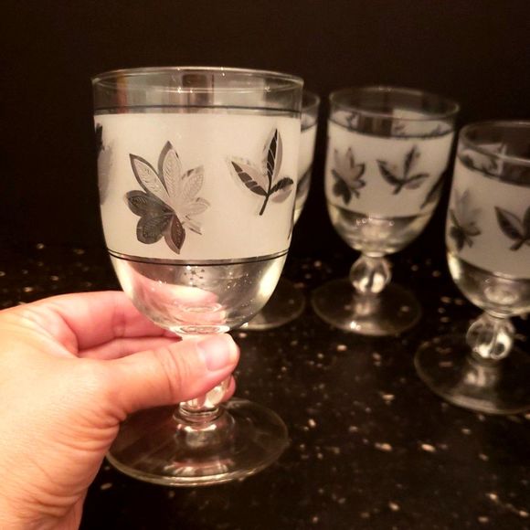 Libbey Frosted Silver Leaf Goblets Glasses Mid Century Modern Vintage Retro - Picture 2 of 9